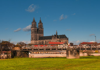 Cathedral of Magdeburg at river Elbe, Germany, Autumn 2013