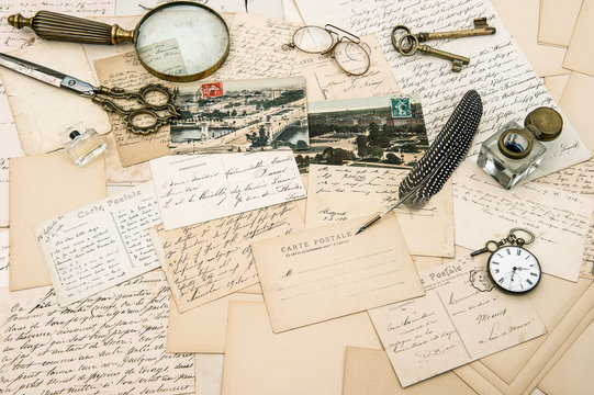 antique accessories, old letters and postcards, vintage pen