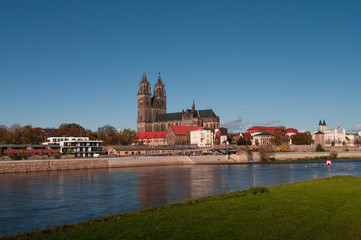 Cathedral of Magdeburg at river Elbe, Germany