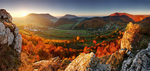 Autumn panorama with sun and forest, Slovakia