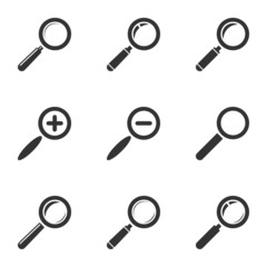 Magnifying Glass Icon Set. Zoom, Search, Find. Vector