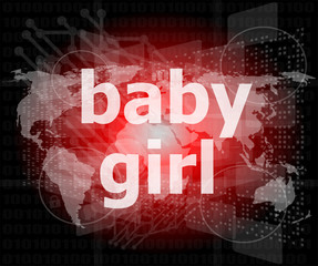 baby girl text on digital touch screen - social concept