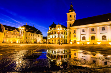 Fototapeta na wymiar Main town square at blue hour, Sibiu, Romania