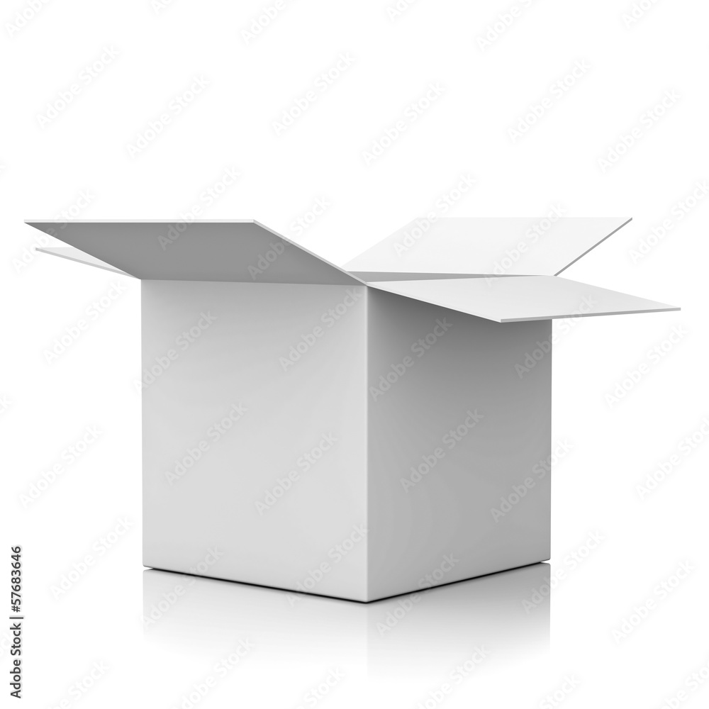Poster blank opened box isolated over white background with reflection