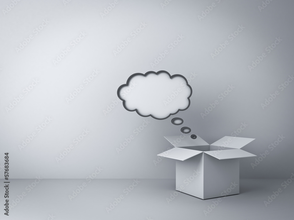 Aufkleber opened box with thought bubble over empty white wall background