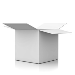 Blank opened box isolated over white background with reflection
