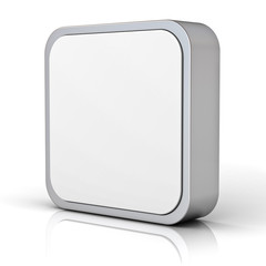 Blank square button chrome metal frame on white with reflection