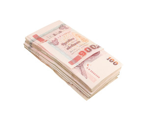 stack of Thai one hundred type banknotes on white background