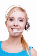 Girl with headphones and microphone headset on white