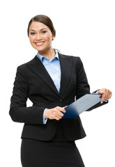 Half-length portrait of businesswoman with black folder