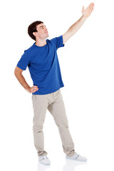 young man arm up on white background