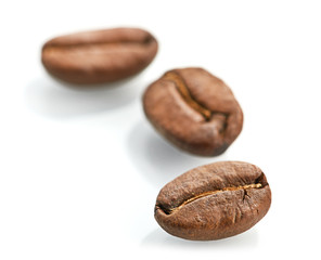 Macro of coffee beans isolated on white background