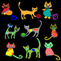 Collection vector cats. Isolated on black background.