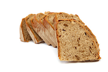 Sliced slices rye bread isolated on white background.