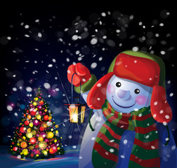 Vector snowman holding Christmas lantern on Chrismas tree backgr