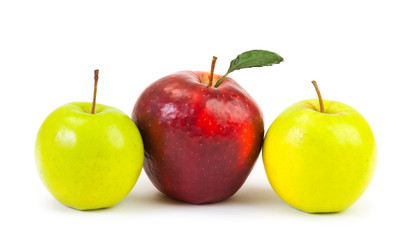 Red and green apples on white