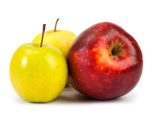 Red and green apples on white