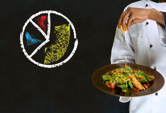 african american chef with chalk pie chart on blackboard