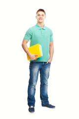 Full length portrait of happy smiling student with his notebook