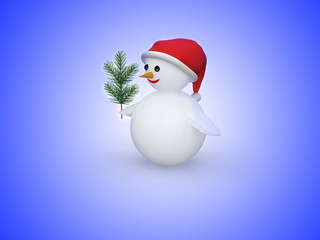 3D snowman with Santa Claus hat and pine branch