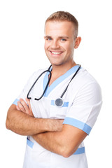 happy smiling young doctor in uniform