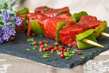 tasty beef steak kabobs with vegetables