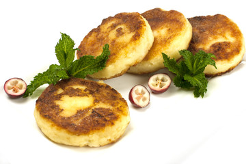 Cottage cheese pancakes  on a white plate