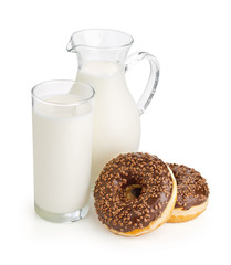 breakfast with milk and chocolate donuts