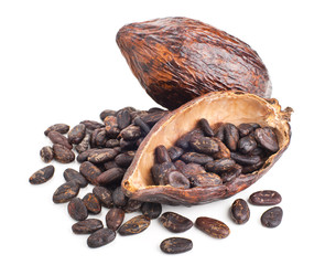cocoa pod and beans isolated on a white