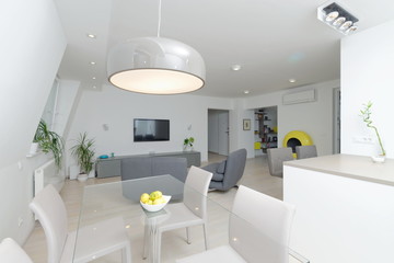 Modern living room interior with kitchen
