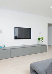 A modern living room with a table and fancy sofa