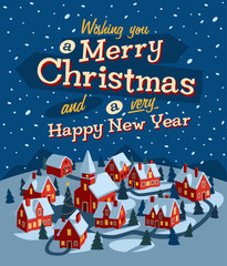Snow covered little village. Merry Christmas illustration.
