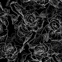 Crédence de cuisine en verre imprimé Fleurs noir et blanc BeautifulSeamless Rose Background avec des oiseaux