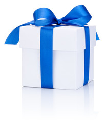 One White boxs tied Blue satin ribbon bow Isolated on white back