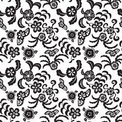 Elegant seamless pattern with black flowers on white background