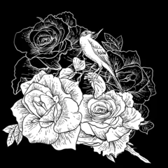Printed kitchen splashbacks Flowers black and white Beautiful Rose Background with Birds