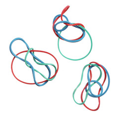 Red, green and blue elastic rubber bands isolated on white