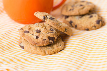 Chocolate chips cookies with a drink