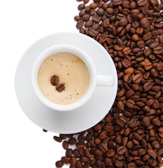 Cup of coffee with coffee beans, isolated on white