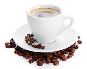 Cup of coffee with coffee beans, isolated on white