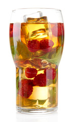 Iced tea with raspberries and mint isolated on white