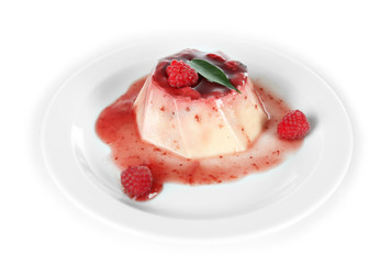 Panna Cotta with raspberry sauce, isolated on white