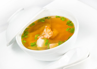 Asian noodle soup with fungus   and shrimp in fron