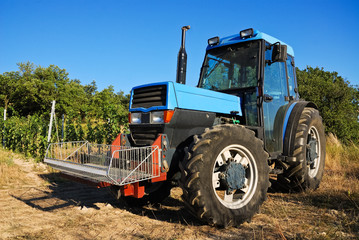 Blauer Traktor im Weingarten