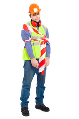 Worker wrapped in tape isolated on white