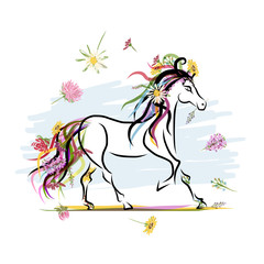 Horse sketch with floral decoration for your design. Symbol of