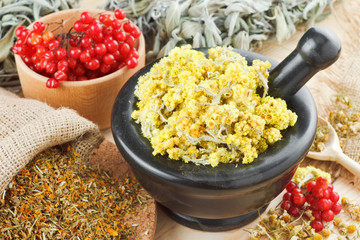 medicinal herbs on table, herbal medicine