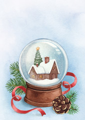 Christmas greeting card with illustration of snow globe