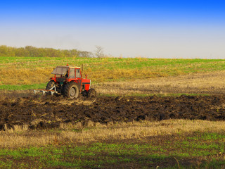 Red Tractor Plowing in Autumn