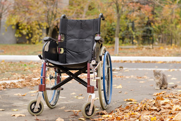 One wheelchair outdoors in the park